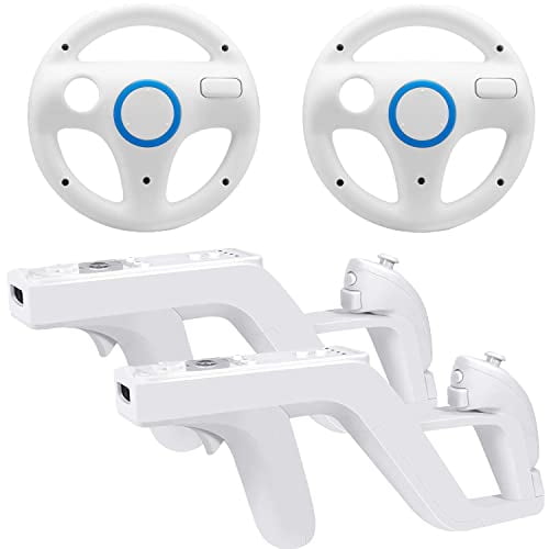 Steering Wheel and Zapper Gun Set Compatible with Wii Wii U Remote (Pack of 2,White)