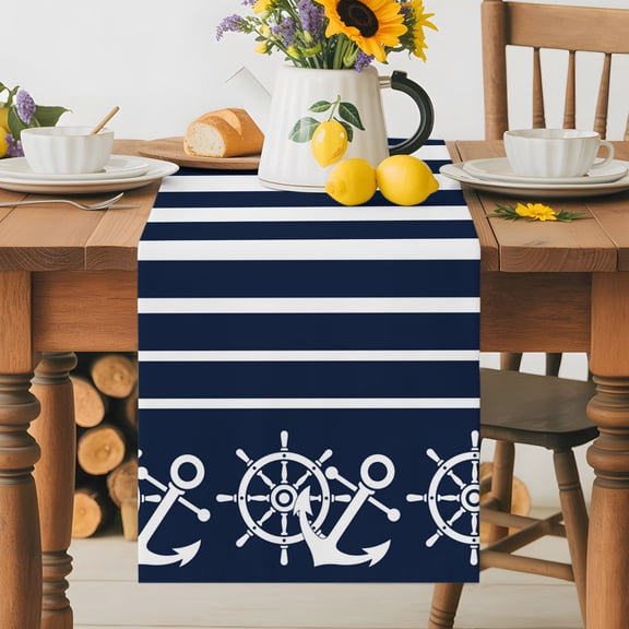 Steering Wheels Anchors Table Runner 36 Inches Long, Blue White Striped Table Runners Tabletop Scarf Kitchen Dining Tables Decoration for Home Party Indoor Outdoor