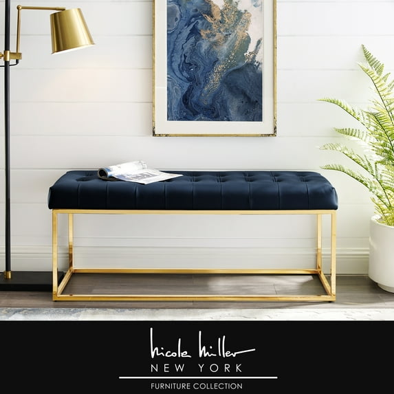 Stefan Navy/Gold PU Leather Bench - Upholstered, Button Tufted, Stainless Steel Polished Frame