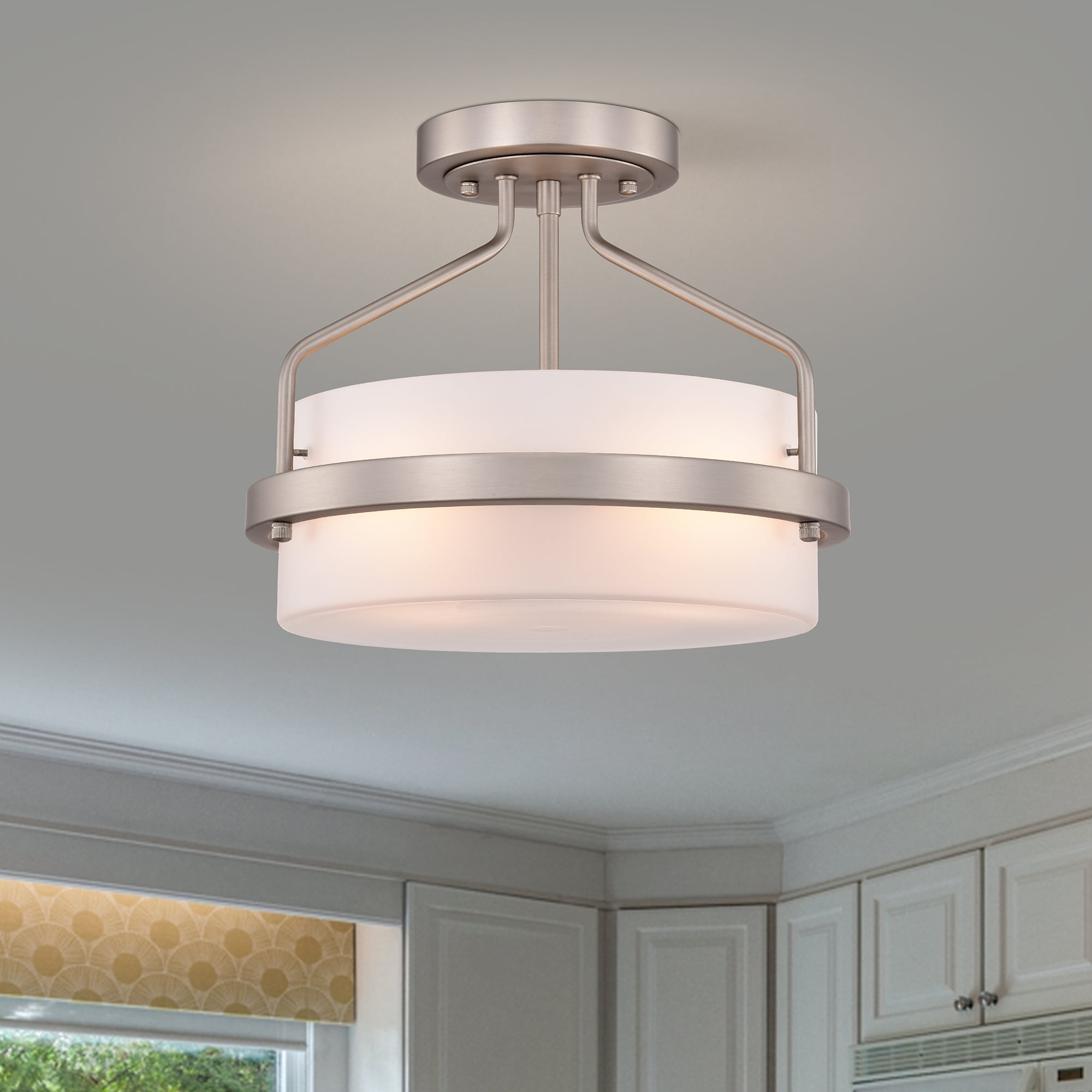 Stefani Matte Stain Nickel 2-Light Frosted Glass Drum Shade Semi-Flush Mount