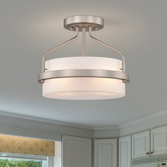 Stefani Matte Stain Nickel 2-Light Frosted Glass Drum Shade Semi-Flush Mount