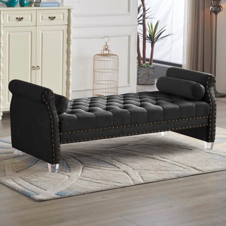 Black Velvet Rolled Arm Tufted Upholstered Bench with Acrylic Legs