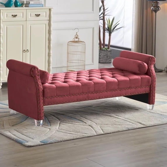 Stefania 71-inch Rolled Arm Oversized Velvet Tufted Upholstered Bench Standard Benches Burgundy Velvet Victorian,Mid-Century Modern