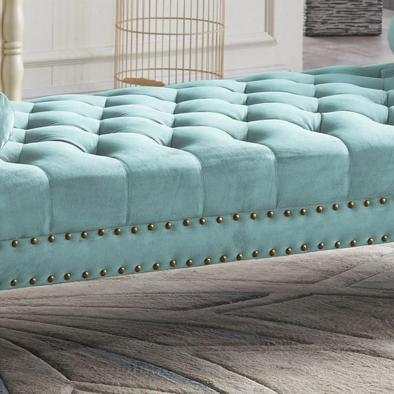 Stefania 71-inch Rolled Arm Oversized Velvet Tufted Upholstered Bench Standard Benches Teal Velvet Victorian, Mid-Century Modern