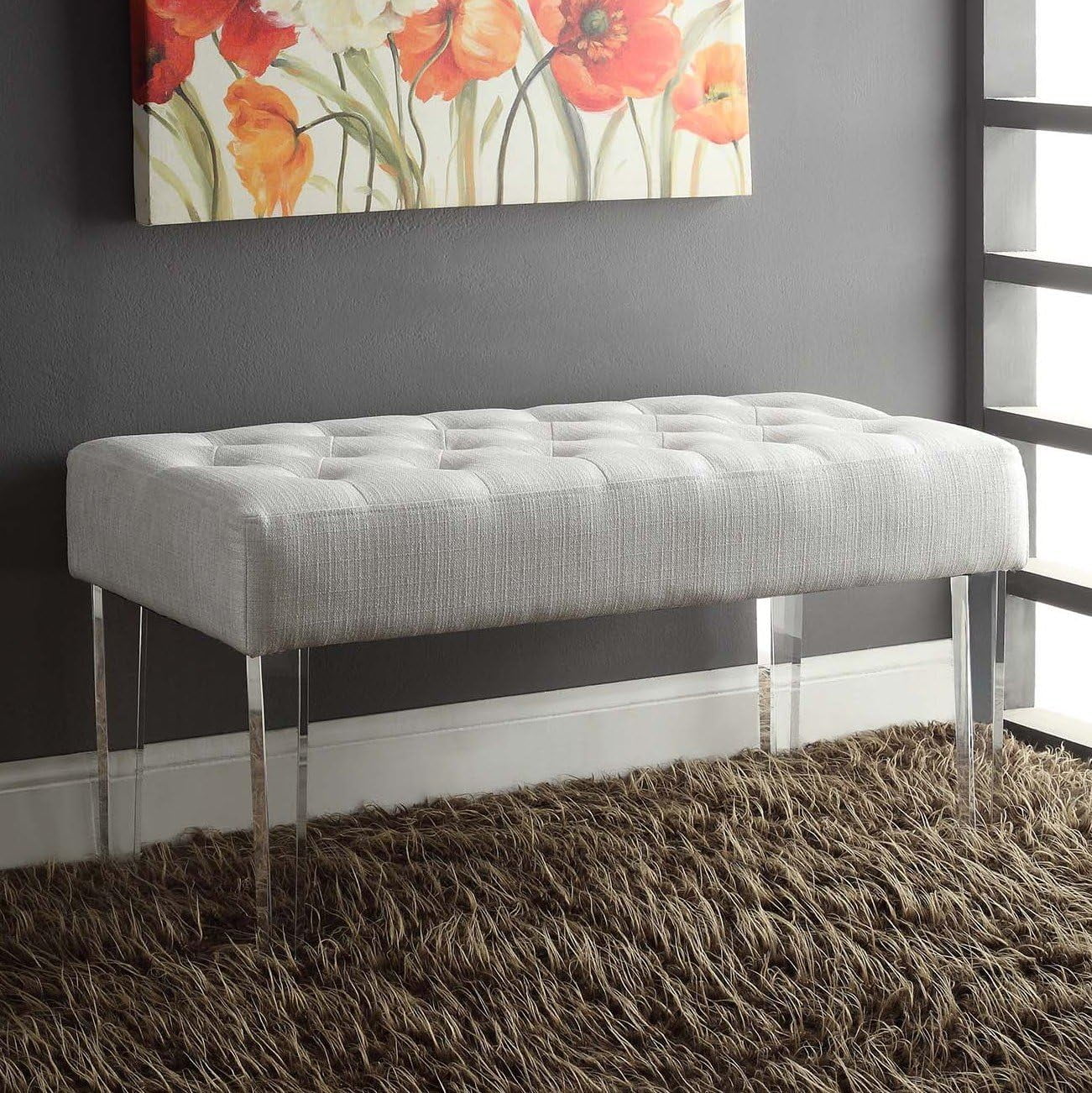 Ella White Tufted Linen Bench with Acrylic Legs
