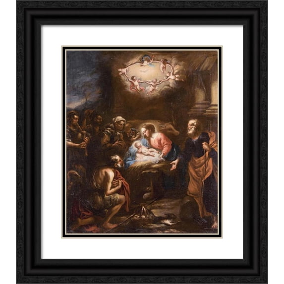 Stefano Magnasco 12x14 Black Ornate Wood Framed Double Matted Museum Art Print Titled: Adoration of the Shepherds