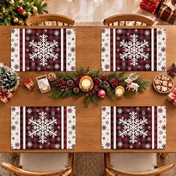 Stegali Christmas Placemats Set of 4 Buffalo Plaid Snowflake Polyester Table Mats 12x18 Inch