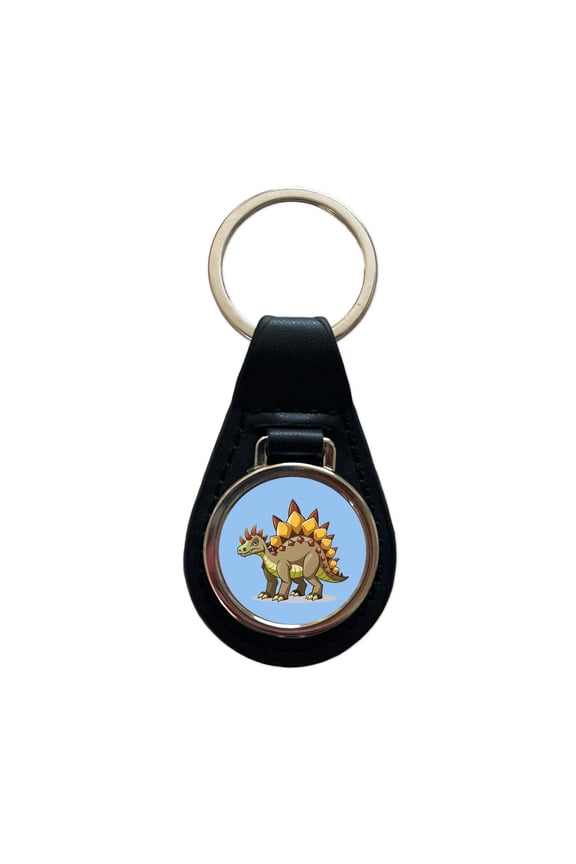 Stegosaurus Dinosaur Metal Black Leather Keychain