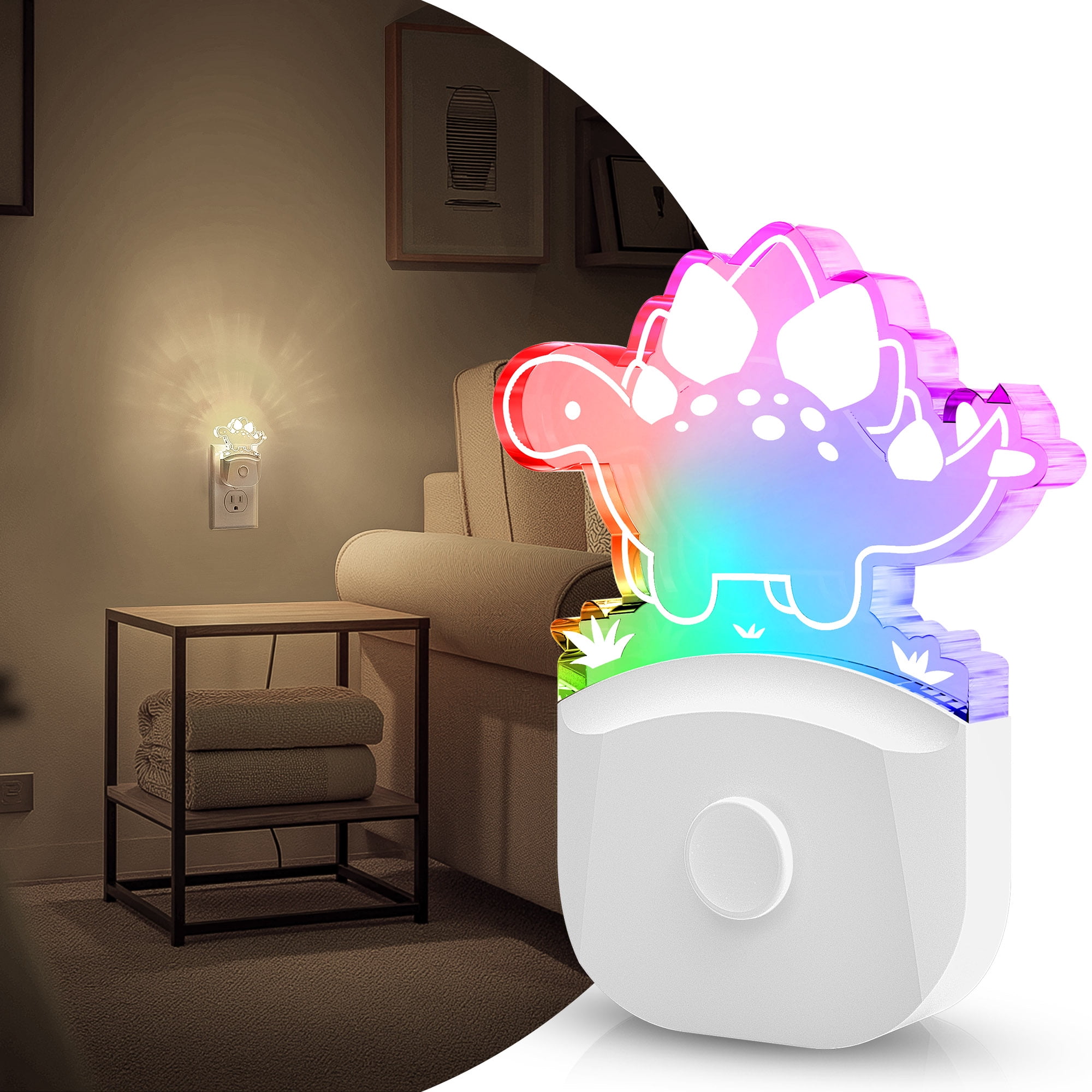YANSUN Stegosaurus Dinosaur Night Light Plug in, Multicolor RGB + 3000K, 3 Modes, Dusk-to-Dawn Sensor, for Boys' Room, Nursery Decor