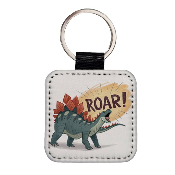 Stegosaurus Roar Dinosaur Faux Leather Square Keychain