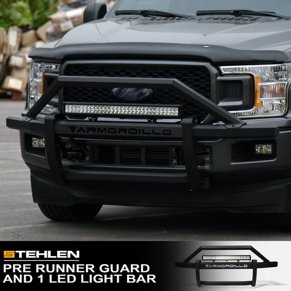 Stehlen 642167824374 Compatible With 2014-2018 GMC Sierra 1500 / 2019 Limited Steel Pre-Runner Bumper Grille Guard with 32" 60x CREE LED Fog Light Bar v2 - Matte Black