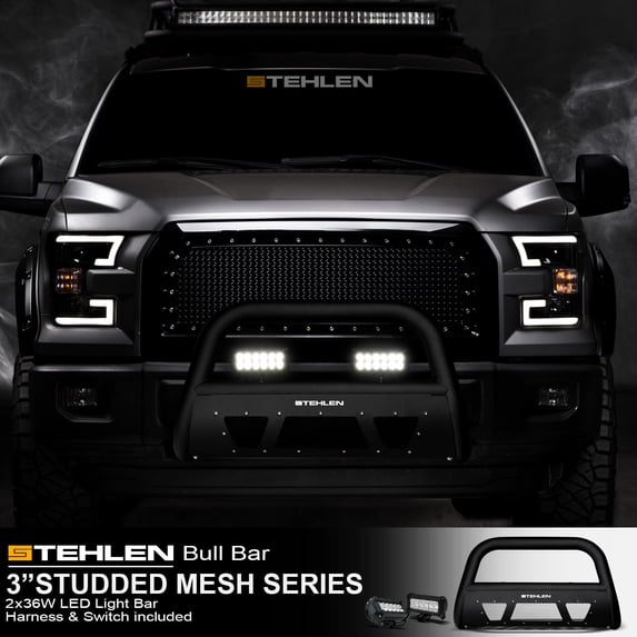 Stehlen 714937184749 3" Studded Mesh Series Bull Bar ( Matte Black ) with 36W CREE LED Light Bars For 2008-2010 Ford F250 / F350 / F450 / F550 Superduty
