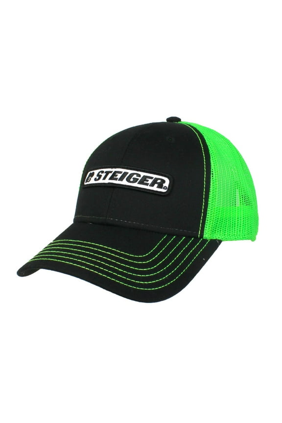 Steiger Logo Black With Green Mesh Back Snap Closure Adult Ball Cap STNEM