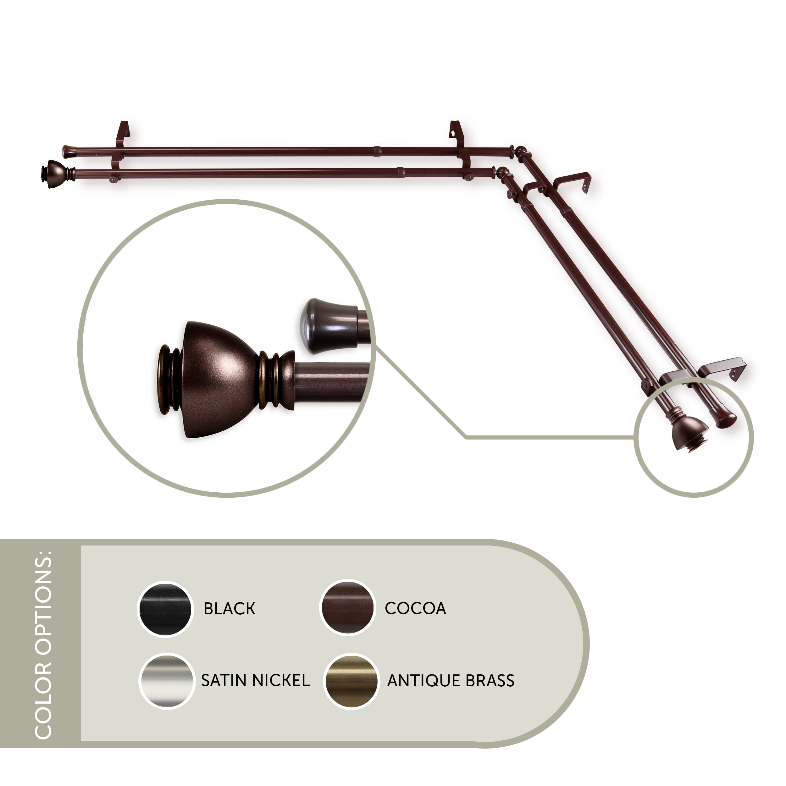 Stein 13/16 inch Corner Window Double Curtain Rod 120-170" - Cocoa