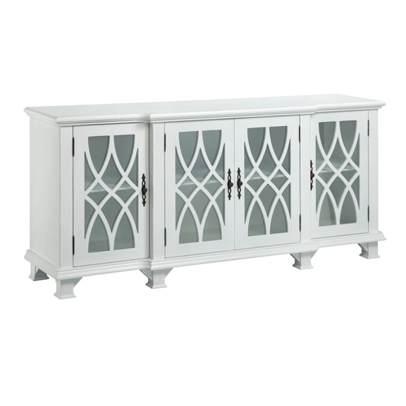 Anastasia 4-Door Credenza in Antique White with Glass Doors, Diamond Fretwork