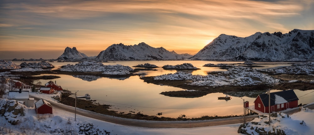 Steinefjord at sunset Lofoten Nordland Norway Canvas Art - Panoramic Images (6 x 15)