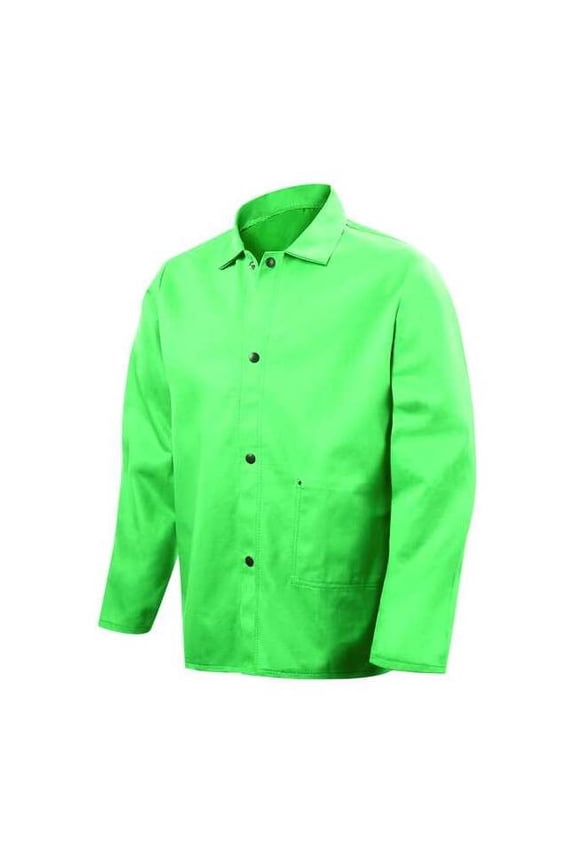 Welding Jacket, Cotton, 12 oz, 30 in Length, Snaps Closure, 2 Pockets, Green, M