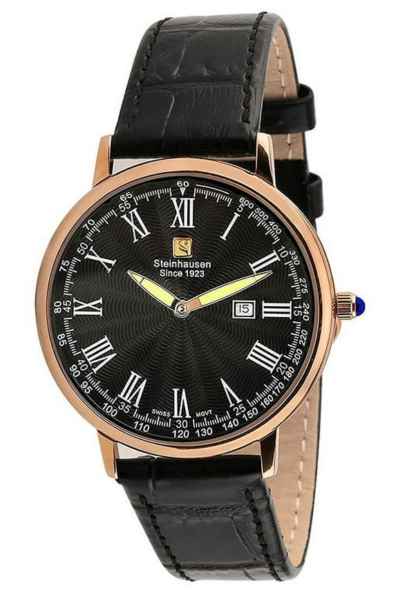 Men's Swiss Quartz Rose Gold Tone S. Steel Black Leather Watch S0120