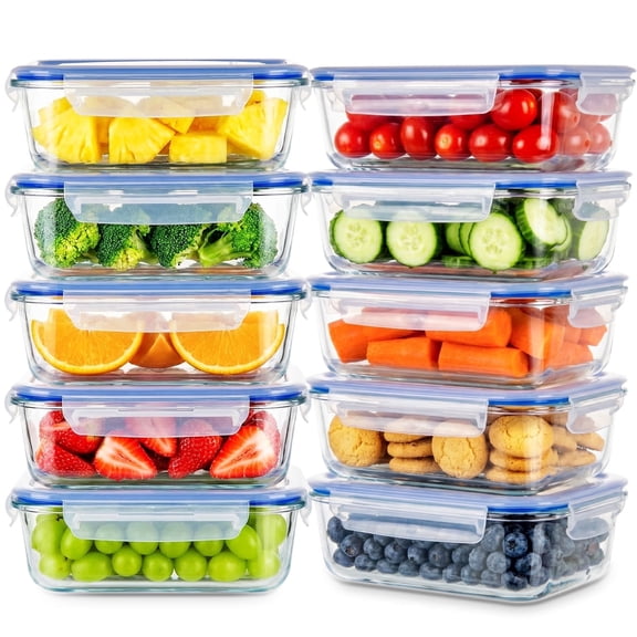 Stelive 10-Pack Glass Food Storage Containers with Airtight Snap-Lock Leakproof Lids, Microwave Safe