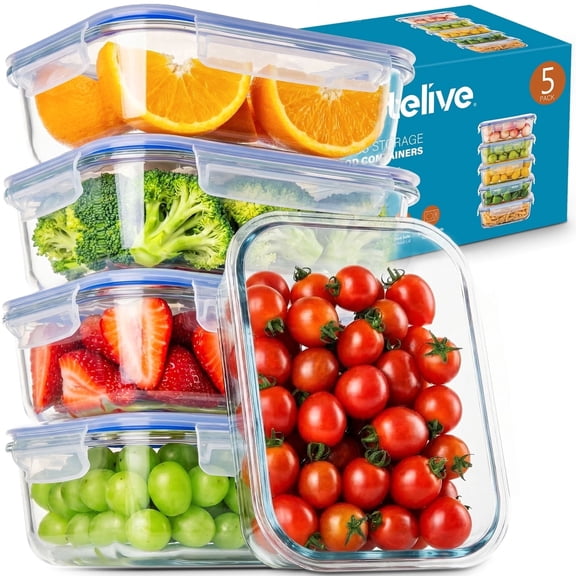 Stelive 5-Pack Glass Food Storage Containers with Airtight Snap-Lock Leakproof Lids, Microwave Safe