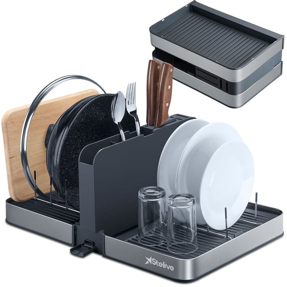 Stelive Foldable Dish Drainer Rack with Removable Cutlery Holder ...