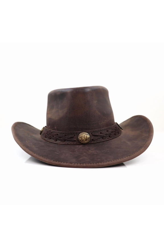 Men's Distressed Leather Cowboy Hat with Western Embossed Band and Vintage Buffalo Concho