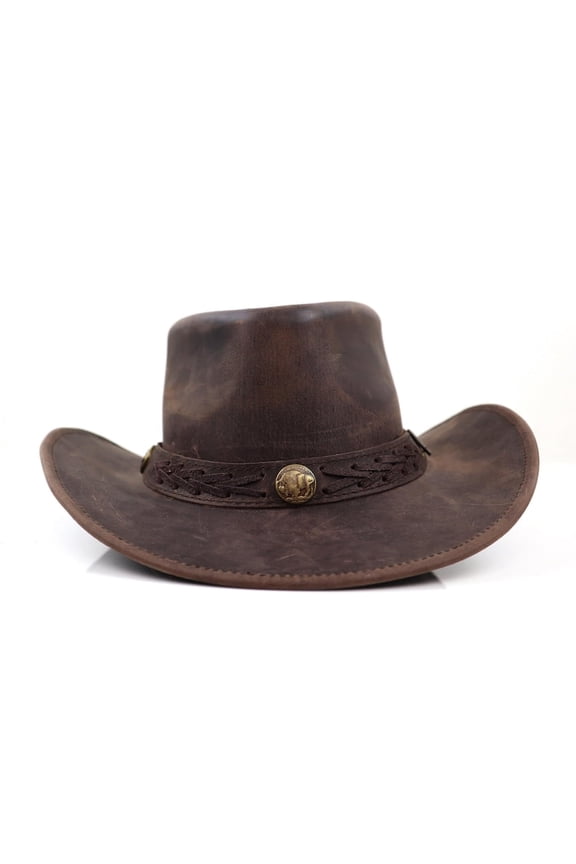 Men's Distressed Leather Cowboy Hat with Western Embossed Band and Vintage Buffalo Concho