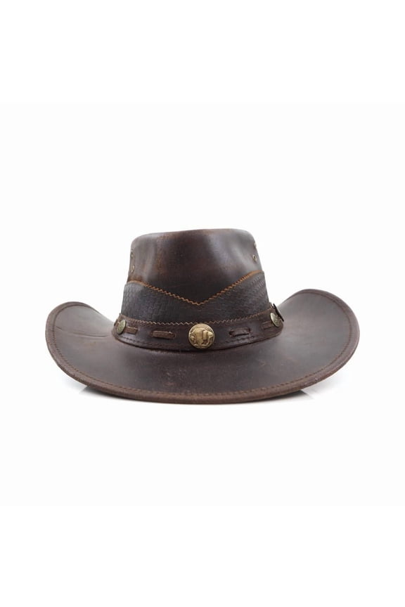 Men's Genuine Leather Cowboy Hat Western Outback Style with Braided Band and Vintage Brass Accents