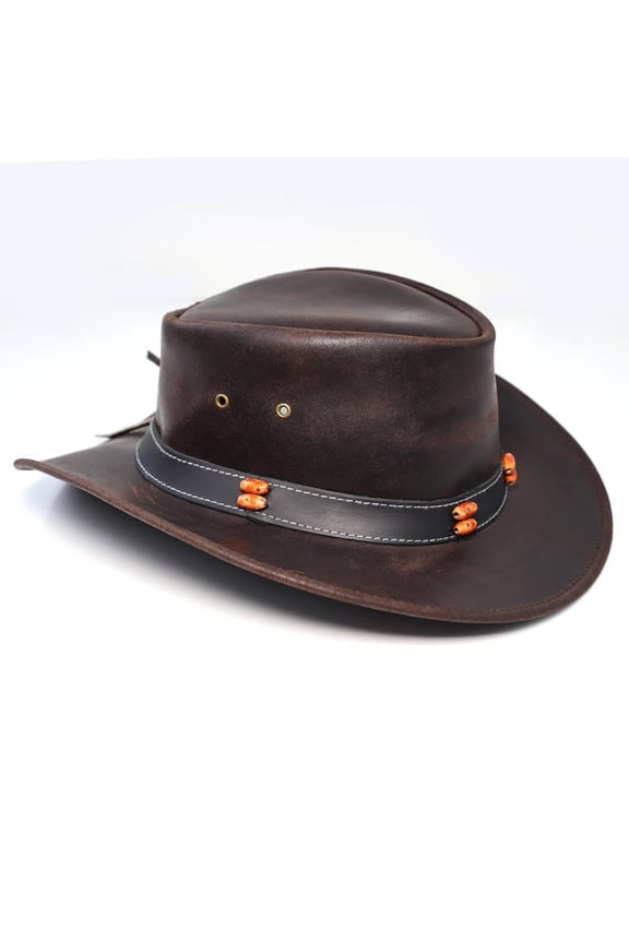Outback Leather Bush Hat Handcrafted Cowboy Hat with Beaded Band Western Style for Men & Women