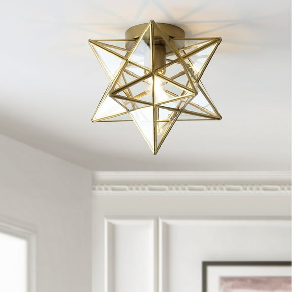 JONATHAN Y Stella 12" Moravian Star Metal/Clear Glass LED Flush Mount, Gold/Clear