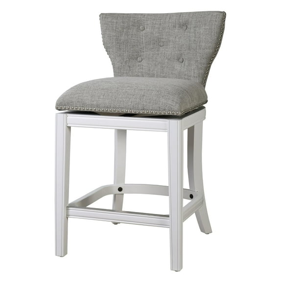 Stella 26" Upholstered Counter-Height Swivel Bar Stool with Back, White with Gray Upholstery
