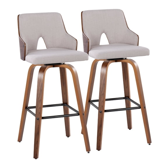 Stella 30" Mid-Century Modern Fixed-Height Barstool with Swivel in Walnut Wood, Beige Fabric and Square Black Metal Footrest by LumiSource - Set of 2