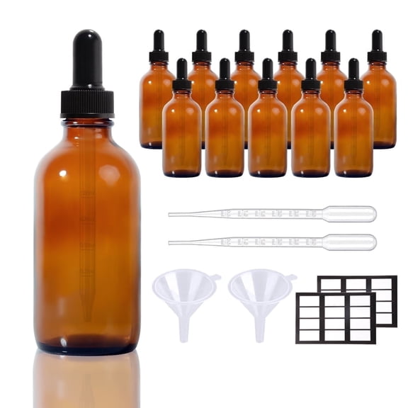 Keigocare 4 oz Amber Glass Dropper Bottles,Tincture Bottles with Plastic Measured Dropper for Essential Oils,with Funnel,Cap,Stopper& Labels,12Pack