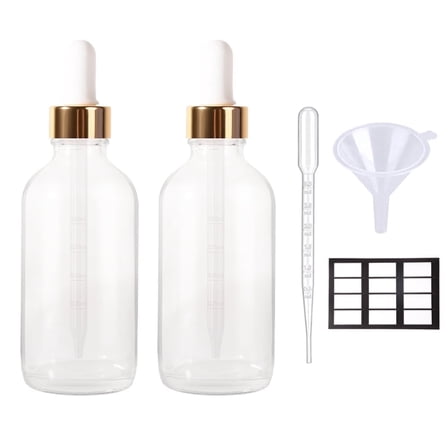 Stella 4 oz Clear Glass Dropper Bottles with Funnel, Golden Cap & Labels - 2 Pack