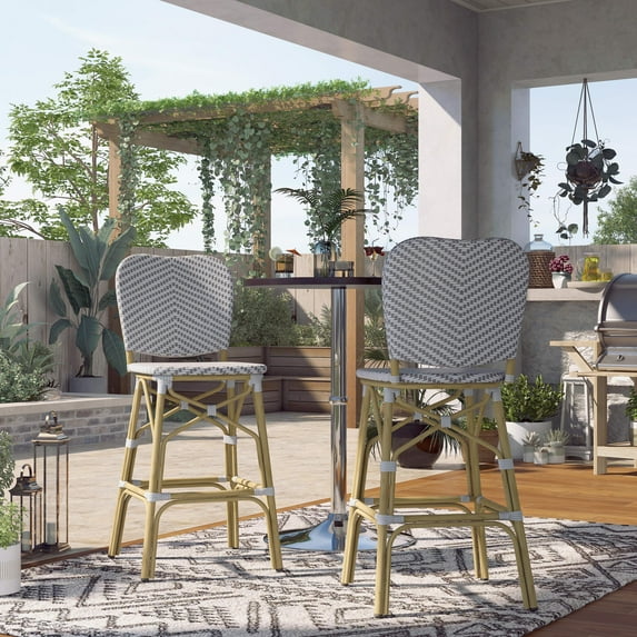 Stella Aluminum and PE Wicker Chevron Pattern Patio Bar Chairs, Set of 2, Gray