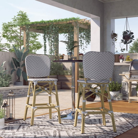 Stella Aluminum and PE Wicker Chevron Pattern Patio Bar Chairs, Set of 2, Gray