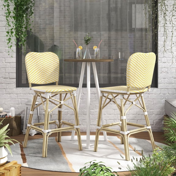 Stella Aluminum and PE Wicker Chevron Pattern Patio Bar Chairs, Set of 2, Yellow