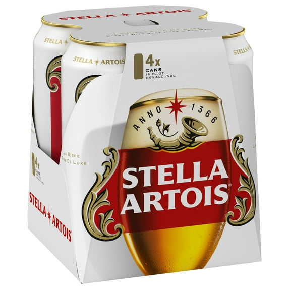 Stella Artois Premium Lager Beer 4 pack 16 fl oz Aluminum Cans 5% ABV