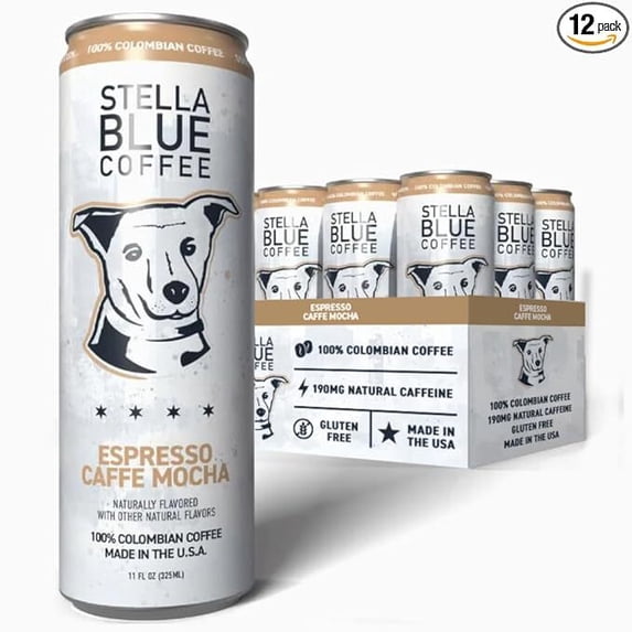 Stella Blue Espresso Caffe Mocha Cans, Ready-to-Drink Coffee Energy Beverage, 100% Colombian Coffee, 190mg Natural Caffeine, Gluten Free & Good Source of Protein, 11oz Can, 12 Pack