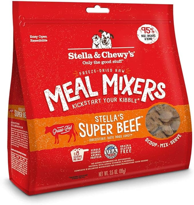 Stella & Chewys Freeze Dried Raw Super Beef Meal Mixer  Dog Food Topper for Small & Large Breeds  Grain Free, Protein Rich Recipe  3.5 oz Bag