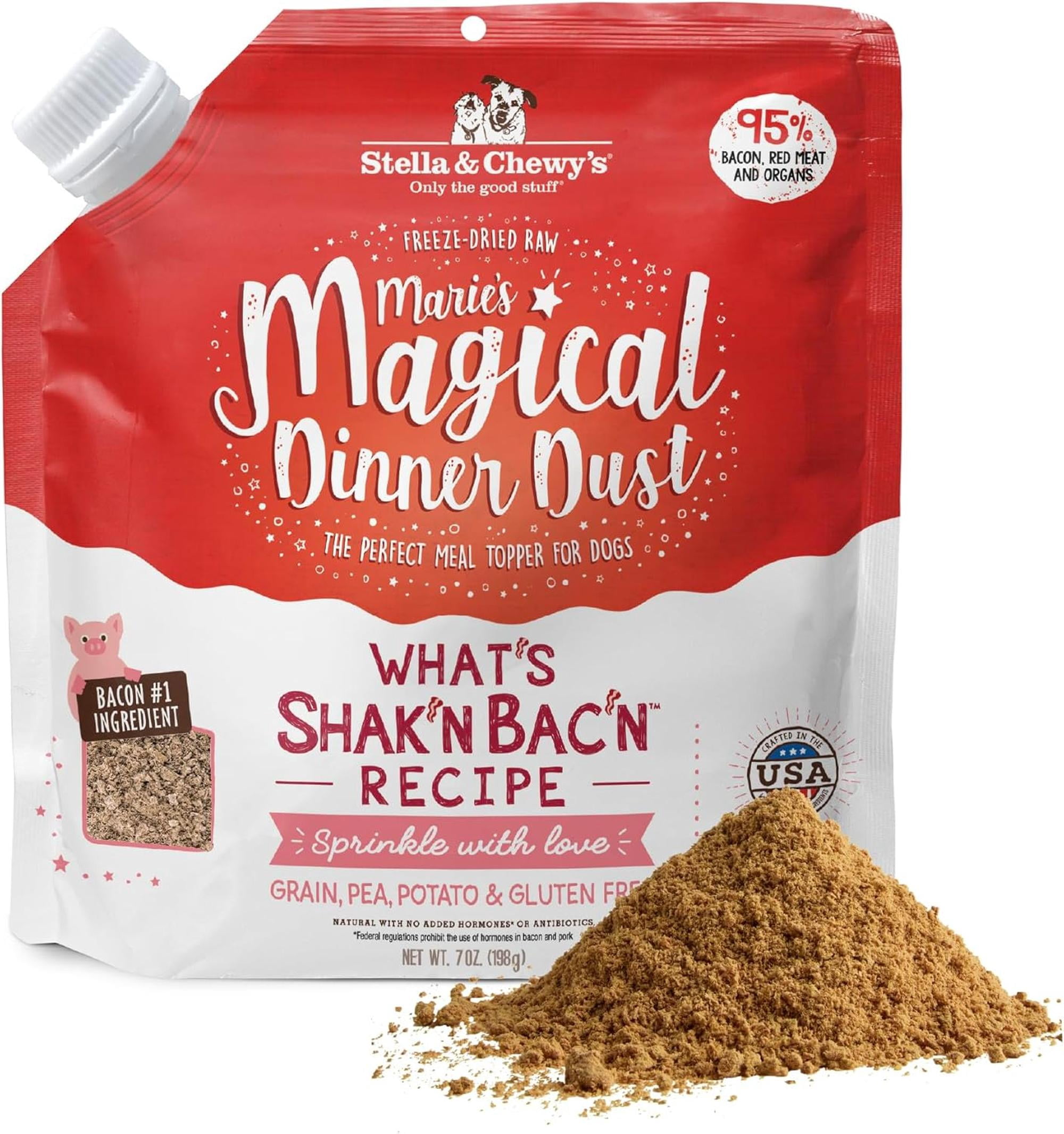 Stella & Chewy's Marie’s Magical Dinner Dust, LocalFinds Bacon Freeze-Dried Chunks Dry Dog Food, 7 oz Bag