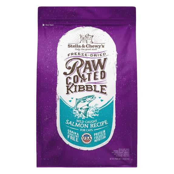 Stella & Chewy's Raw Coated Cat Food - High Protein, Grain-Free Kibble with Wild-Caught Salmon - Premium Digestive Support with Probiotics - Natural Small Kibble - Perfect For Picky Eaters - 5 lb Bag