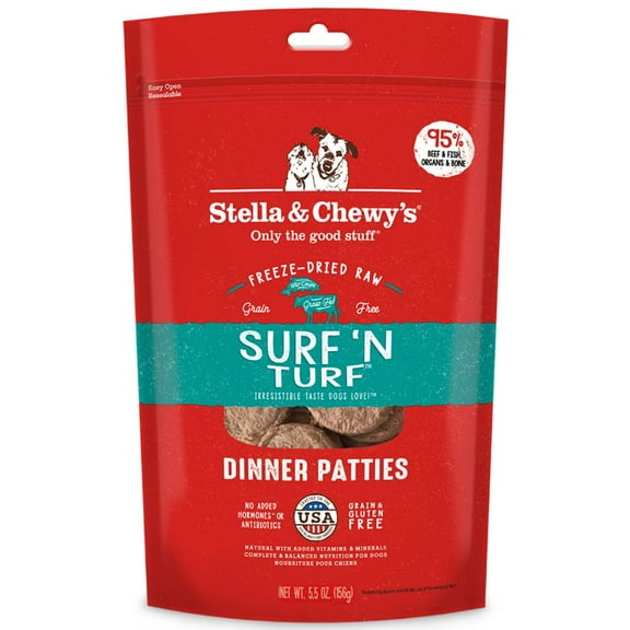 Stella & Chewy's Surf 'N Turf Beef & Salmon Dinner Patties Grain-Free Freeze-Dried Raw Dry Dog Food, 5.5 oz.
