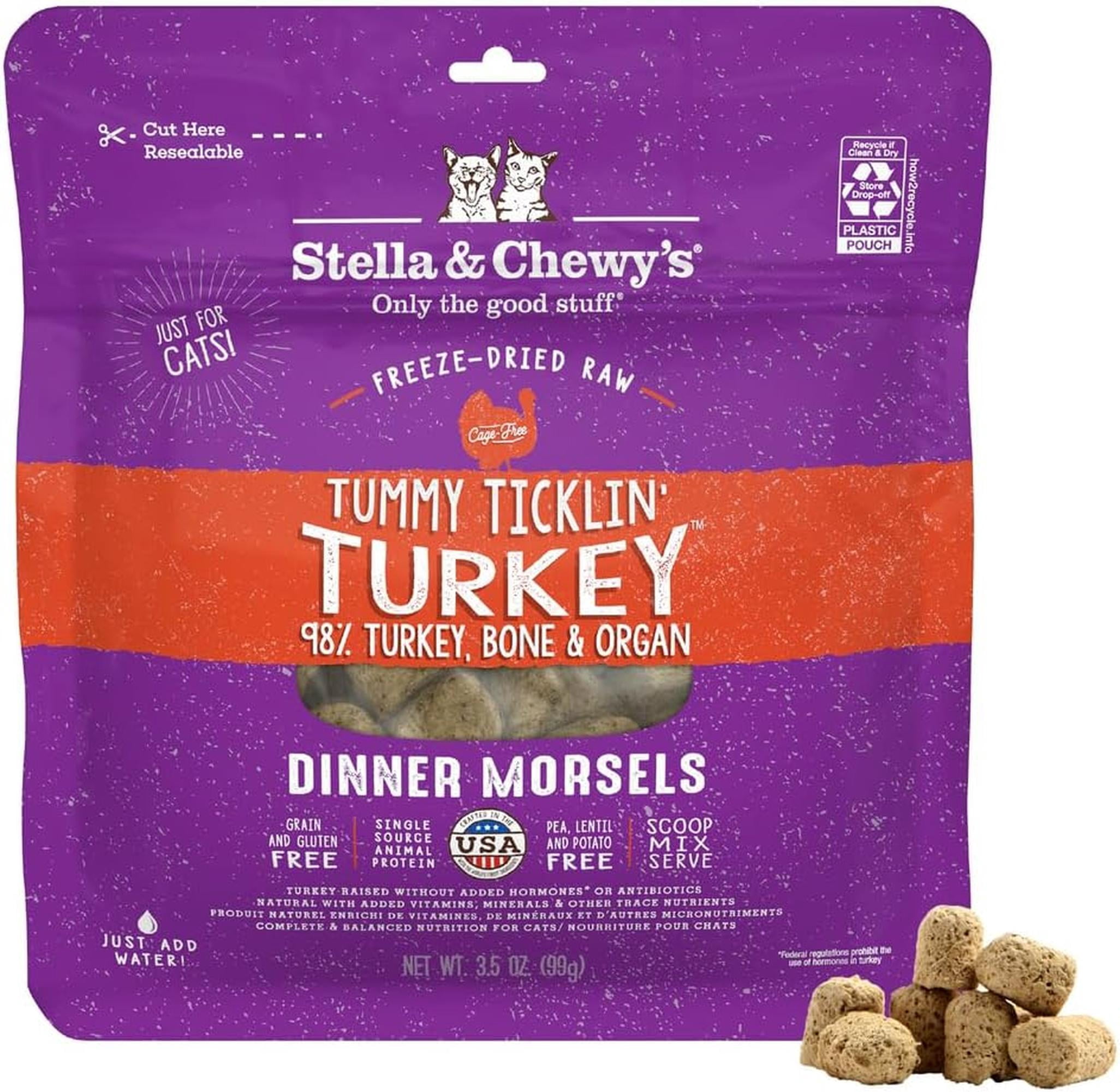 Stella & Chewy's Tummy Ticklin Turkey Dinner Morsels, LocalFinds Turkey Freeze-Dried Chunks Dry Cat Food, 3.5 oz Bag
