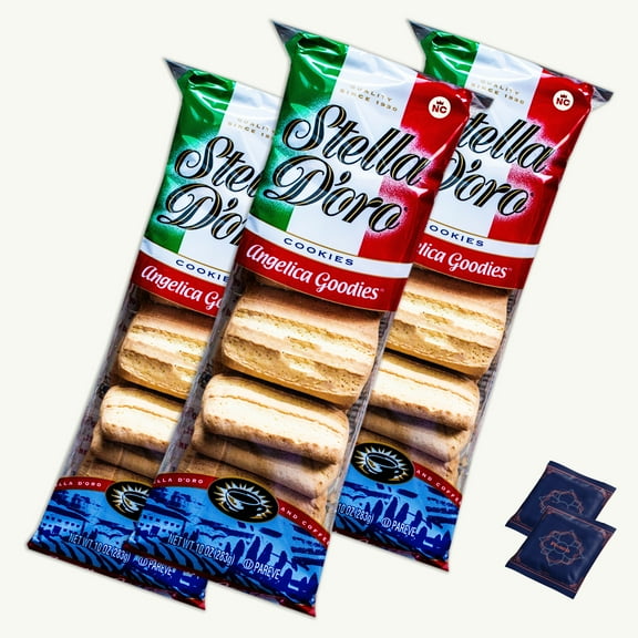 Stella Doro Angelica Goodies Authentic Italian Cookies (3, 10oz packs) - Organic Peach Yerba Mate Tea Bags (2 tea bags) - Gourmet Snack Bundle - 5 Items Total