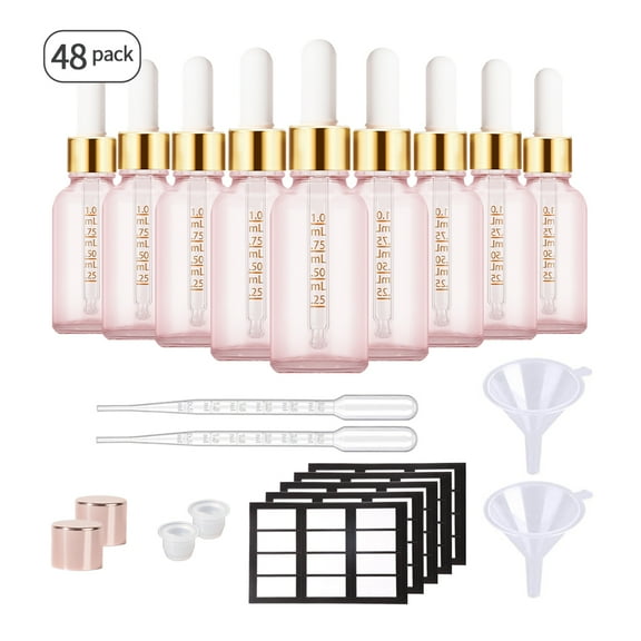 Stella Dropper Bottles 1 oz 48 Pack Rose Eye Dropper Bottle for Essential Oils 30 ml with Measured Pipettes, Labels, Funnel