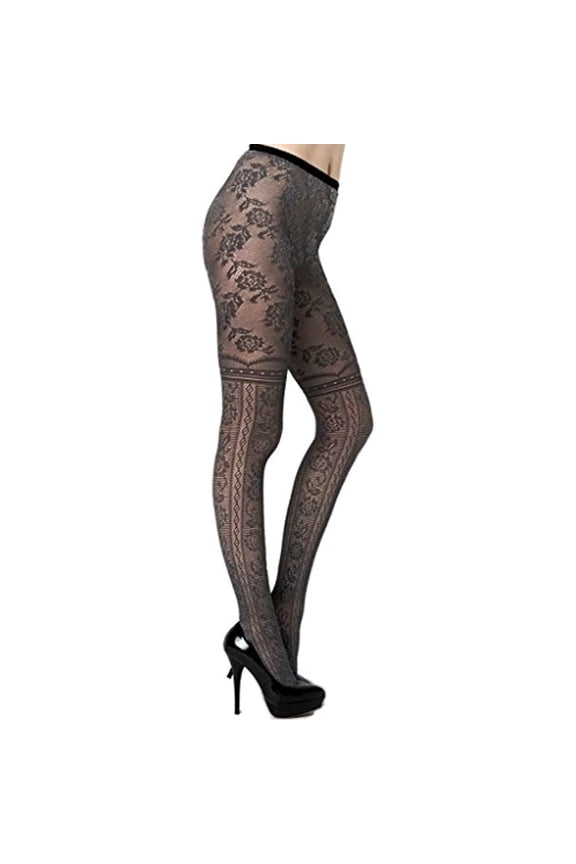 Fishnet Pantyhose, Rose Panel Faux Thigh High Stockings, Black, L/XL