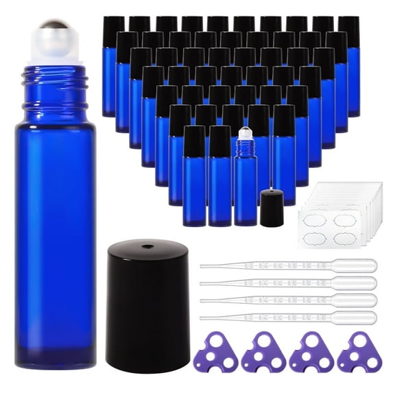 Keigocare Essential Oil Roller Bottles,48 Pack 10ml Blue Glass Bottles with Roller Balls and Black Caps