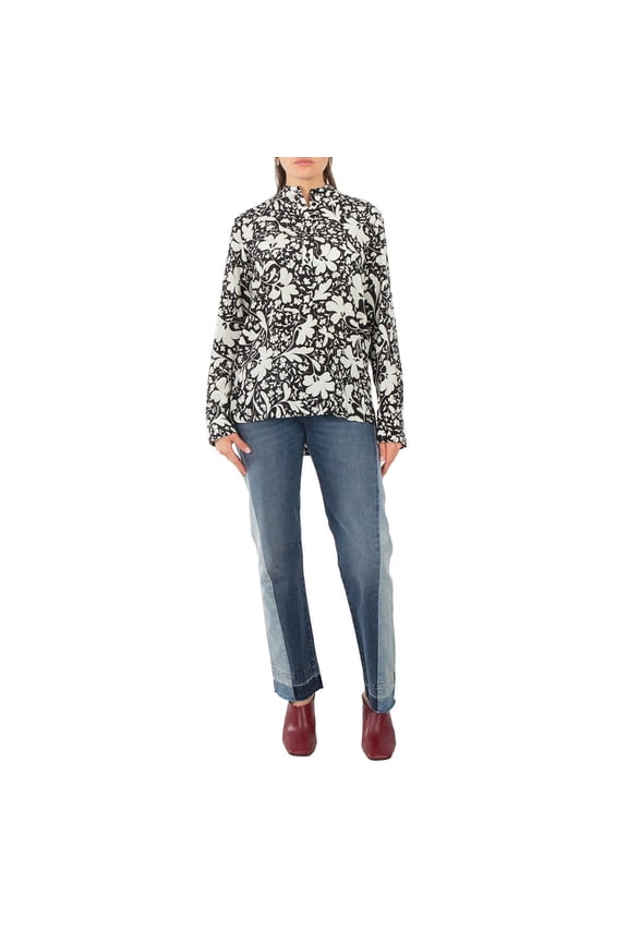 Black Silk Forest Floral Print Shirt, Brand Size 36 (US Size 2)