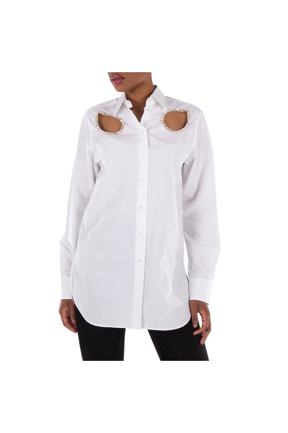 Crystal-Embellished Cut-Out Shirt In White Cotton, Brand Size 42 ( US Size 8 )